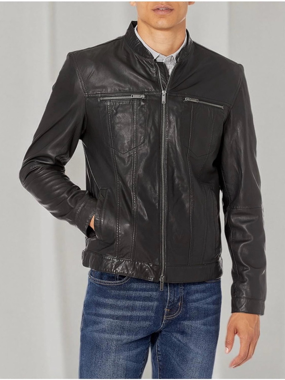 John Varvatos Men's Black Leather Zip-Front Jacket